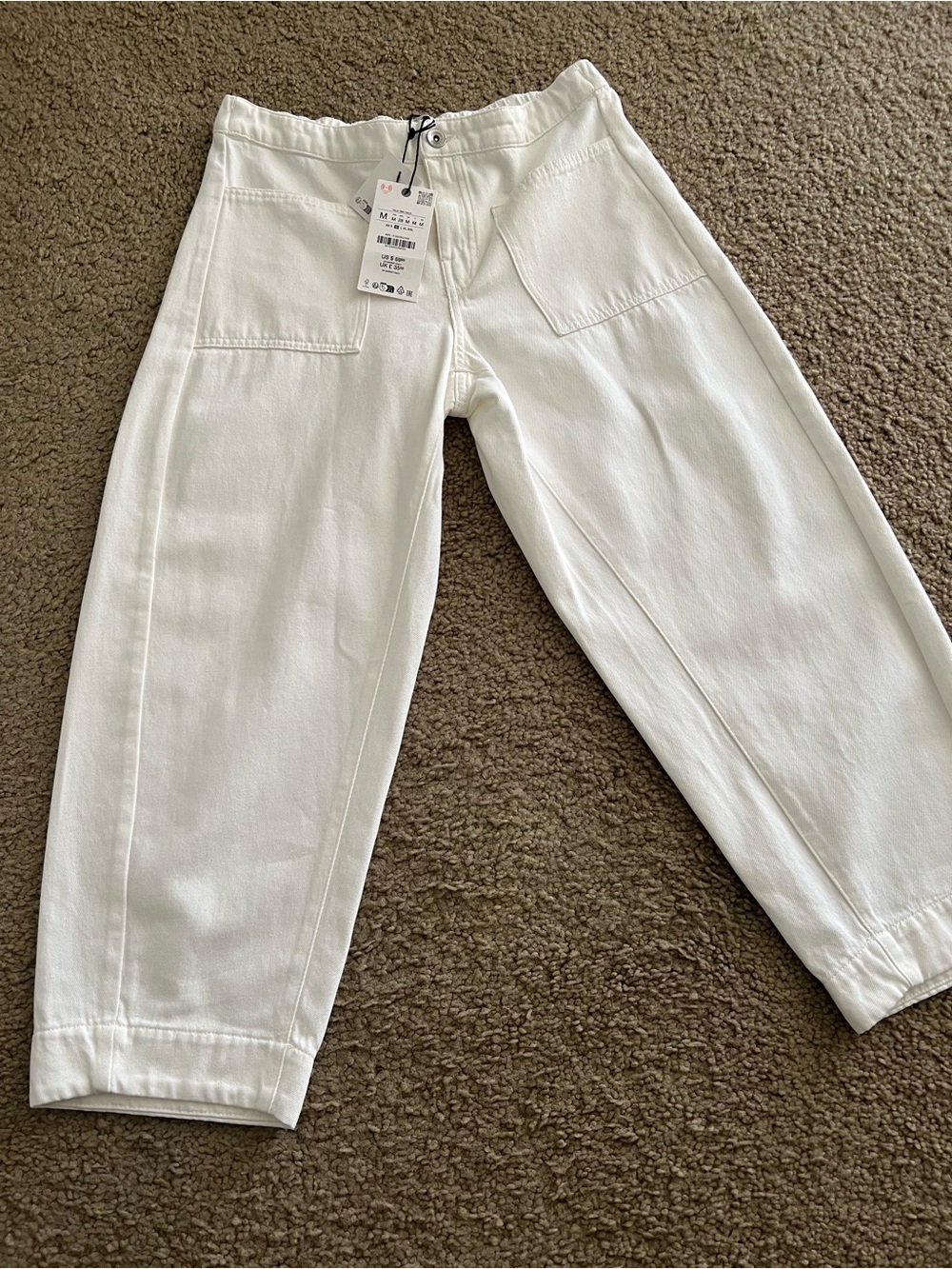 Zara White Wide-Leg Patch Pocket Jeans
